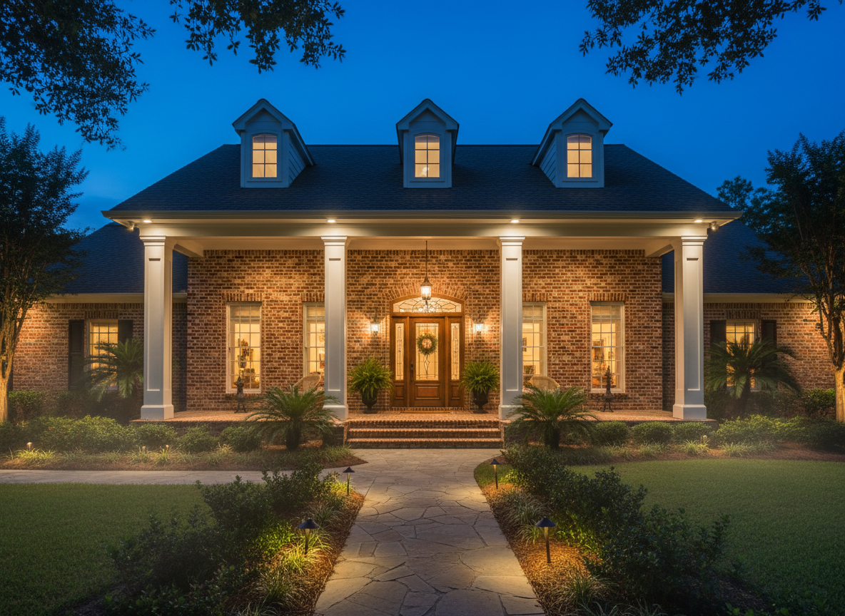 LED outdoor lighting illuminating a home in Williamson County at night